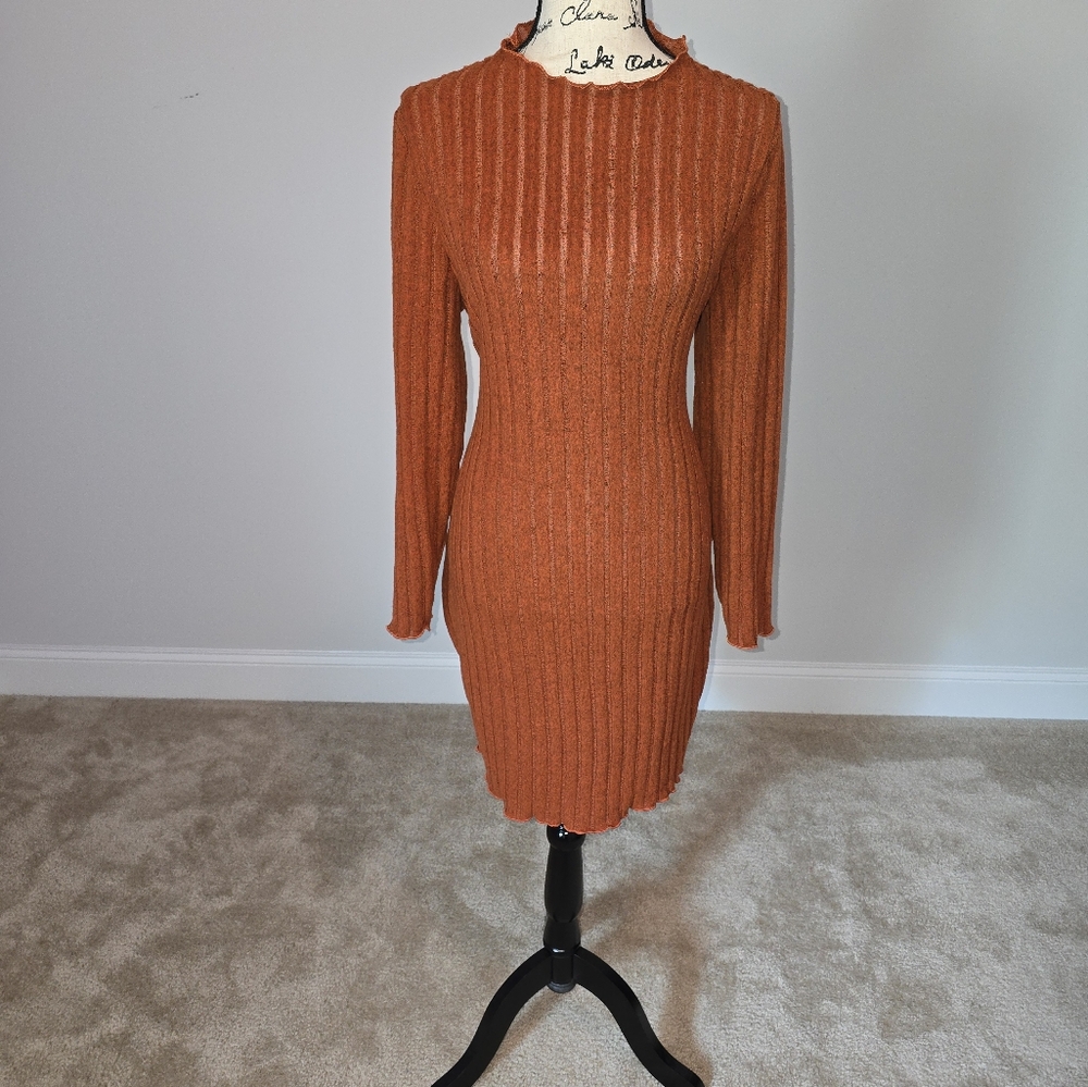 Rust Orange Ribbed Knit Dress - Picture 3 of 4